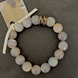 Handmade Artisan Elegant Petrified Agate Beaded Bracelet with Gold Accent